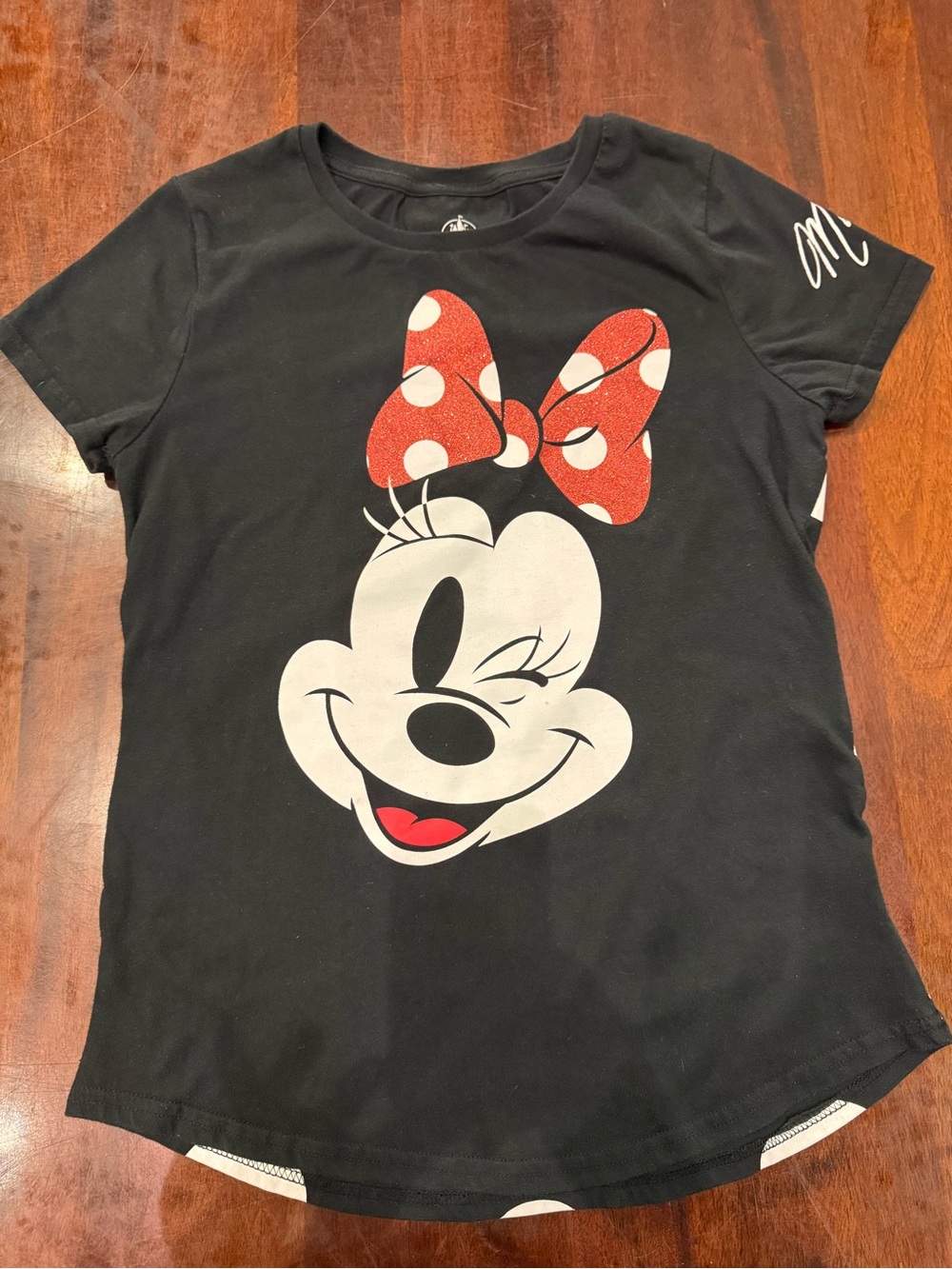 Disney Black Minnie Mouse Tee with Red Polka Dot Bow- medium